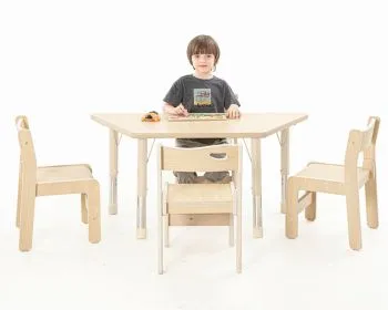 Trapez table Owlaf in beige with chair Ole and child Trapez table Owlaf in beige with chair Ole and child